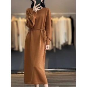 Kouzina caramel colored wool knitted dress autumn and winter long sleeved base skirt loose mid length over knee woolen dress