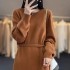 Kouzina caramel colored wool knitted dress autumn and winter long sleeved base skirt loose mid length over knee woolen dress